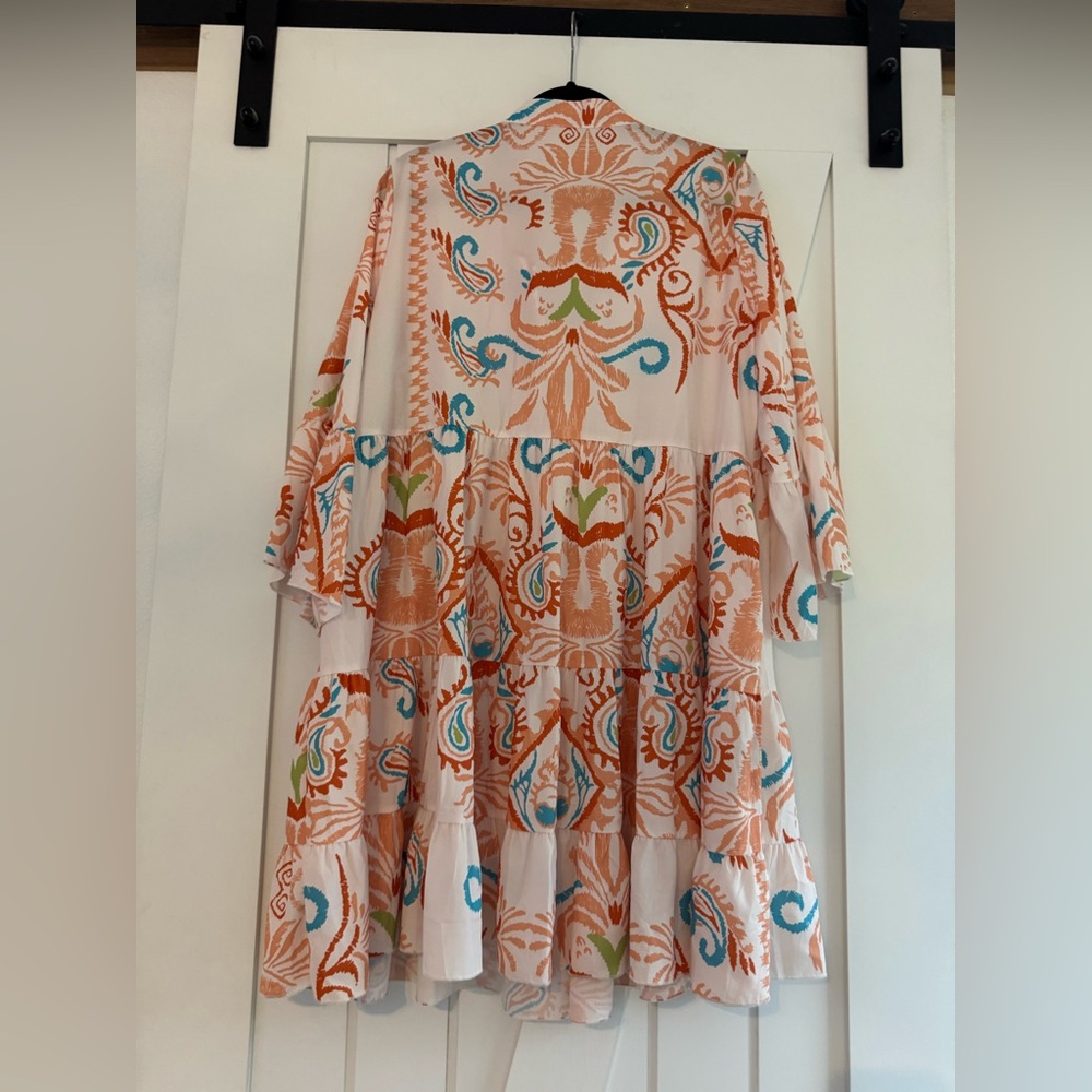 SELINK Long Sleeve Dresses Casual V Neck Tribal Print Button Flowy Mini Dress - Picture 3 of 9